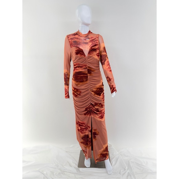 BLACK HALO Ruched Mesh Maxi Dress Sunset Cloud Print Mock Neck Slit Size 12 - Picture 3 of 9